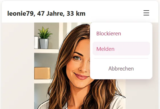 Das Menü auf einer Profilkarte mit den Einträgen Blockieren, Melden und Abbrechen