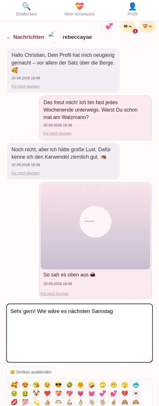 Der Amorazza Messenger: ein Gespräch mit Bildnachricht und Smileys