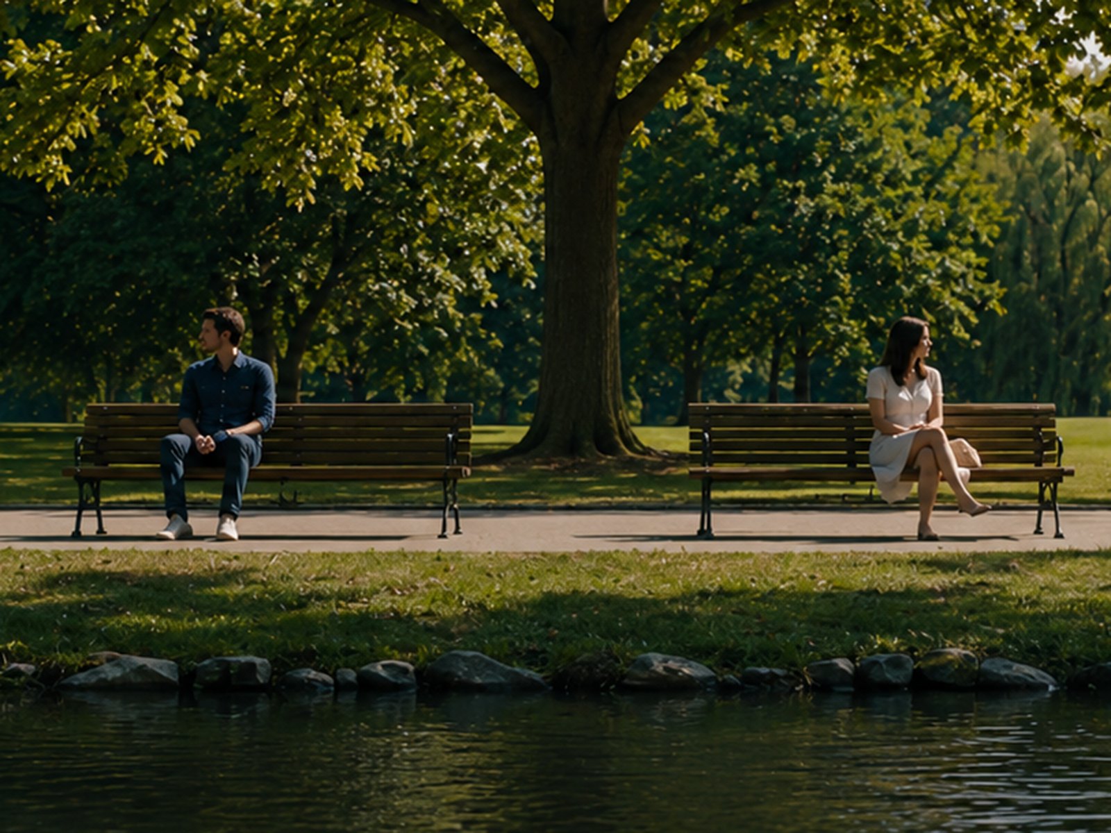 Ein Park an einem Sommertag. Auf zwei Bänken sitzen ein Mann und eine Frau, jeder für sich. Beide sind nach außen gewandt und blicken voneinander weg.