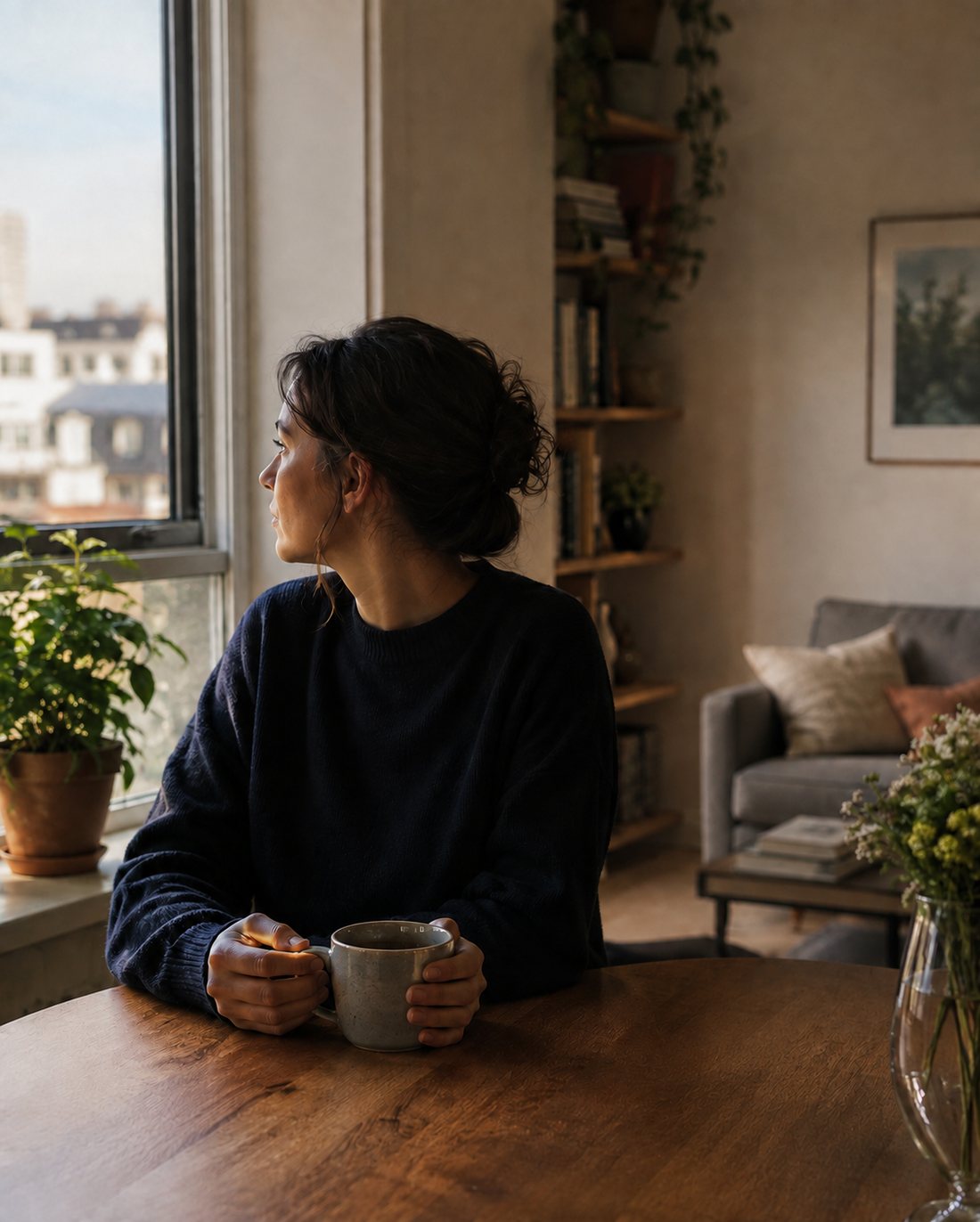 Eine Frau sitzt an ihrem Tisch am Fenster, die Hände um eine Tasse, und blickt hinaus. Hinter ihr eine eingerichtete Wohnung mit Büchern, Pflanzen und einem Sofa.