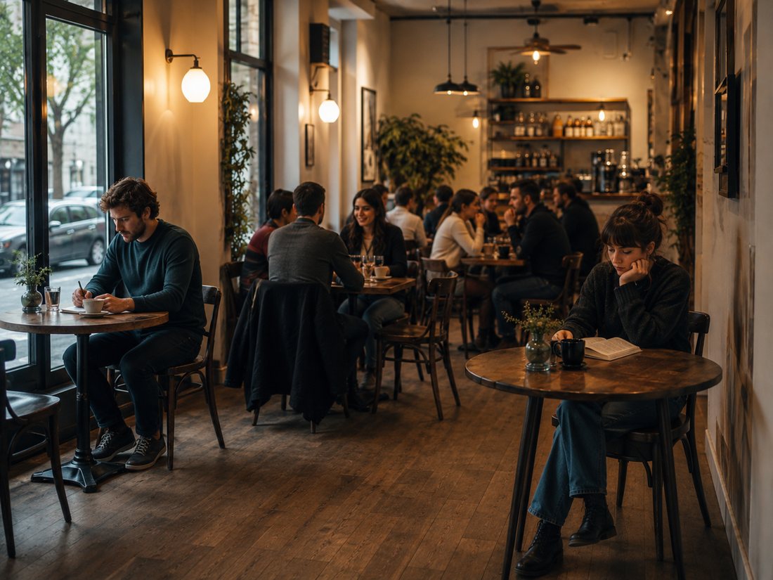 Ein volles Café. An den Tischen sitzen Menschen im Gespräch. Am Rand sitzen zwei allein, jeder für sich, ohne voneinander zu wissen.
