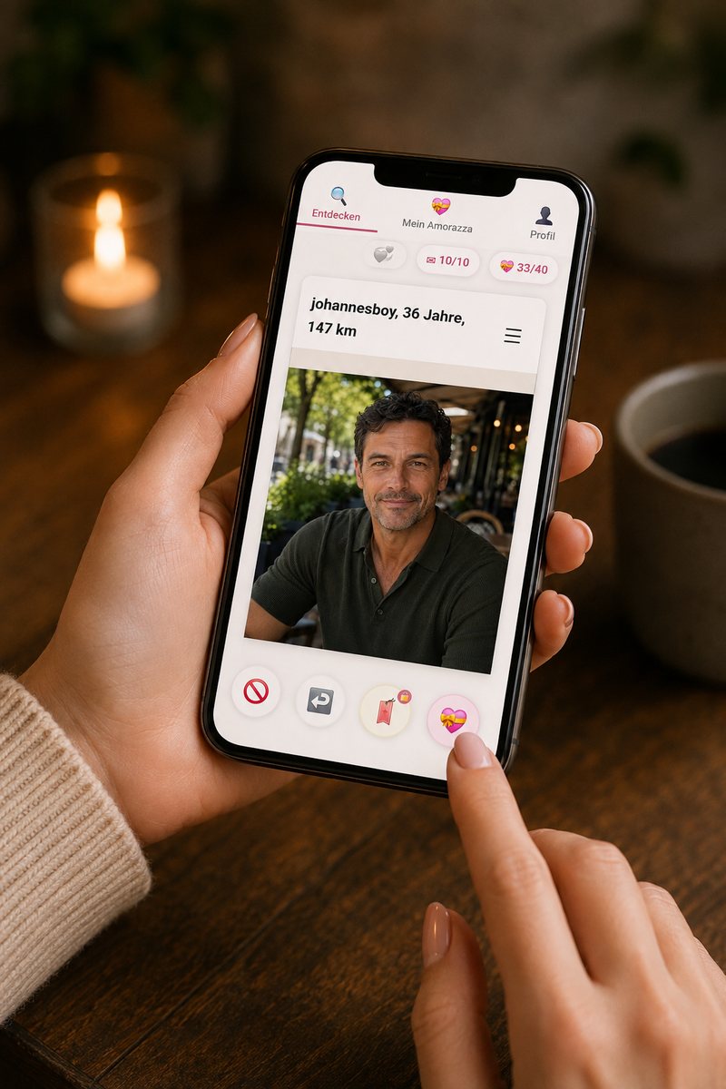 Eine Frau hält ihr Handy und sieht sich bei Amorazza das Profil eines Mannes an. Ihr Finger liegt auf dem Herz-Knopf.