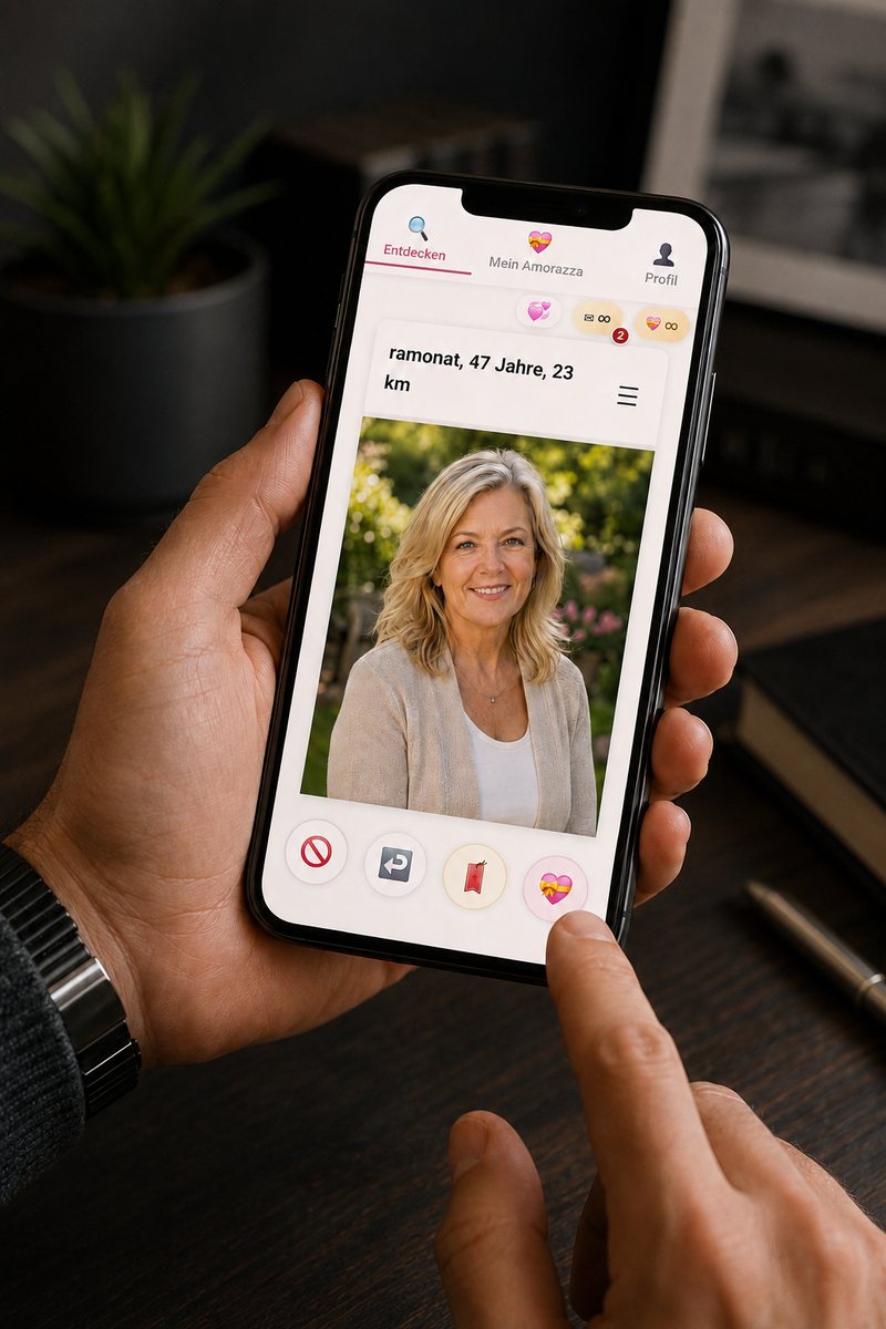 Ein Mann hält sein Handy und sieht sich bei Amorazza das Profil einer Frau an. Sein Finger liegt auf dem Herz-Knopf.