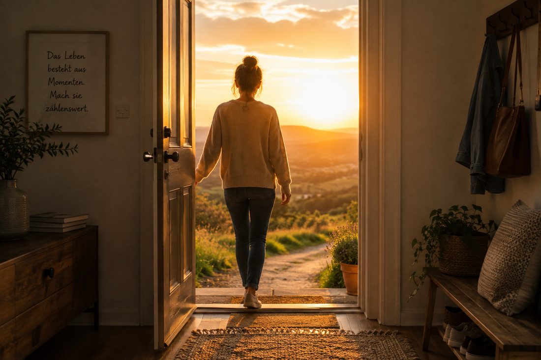 Eine Frau tritt aus der Haustür in einen weiten Sonnenuntergang. An der Wand ein gerahmter Satz: Das Leben besteht aus Momenten. Mach sie zählenswert.