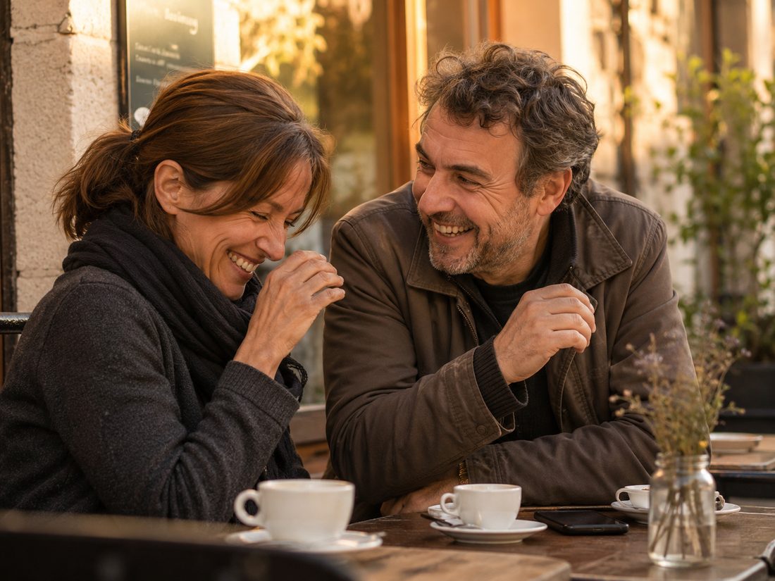 Zwei Menschen sitzen vor einem Café in der Abendsonne und lachen miteinander.